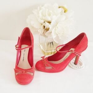 Marc Jacobs Red Orange Leather Suede Heels with Gold Studs Bow Made In Italy